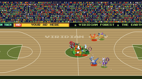 Pokémon teams playing basketball on the Poké Jam pixel-art court